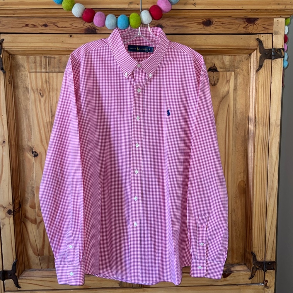 Ralph Lauren pink white gingham checked long sleeve cotton shirt. Size XL. EUC